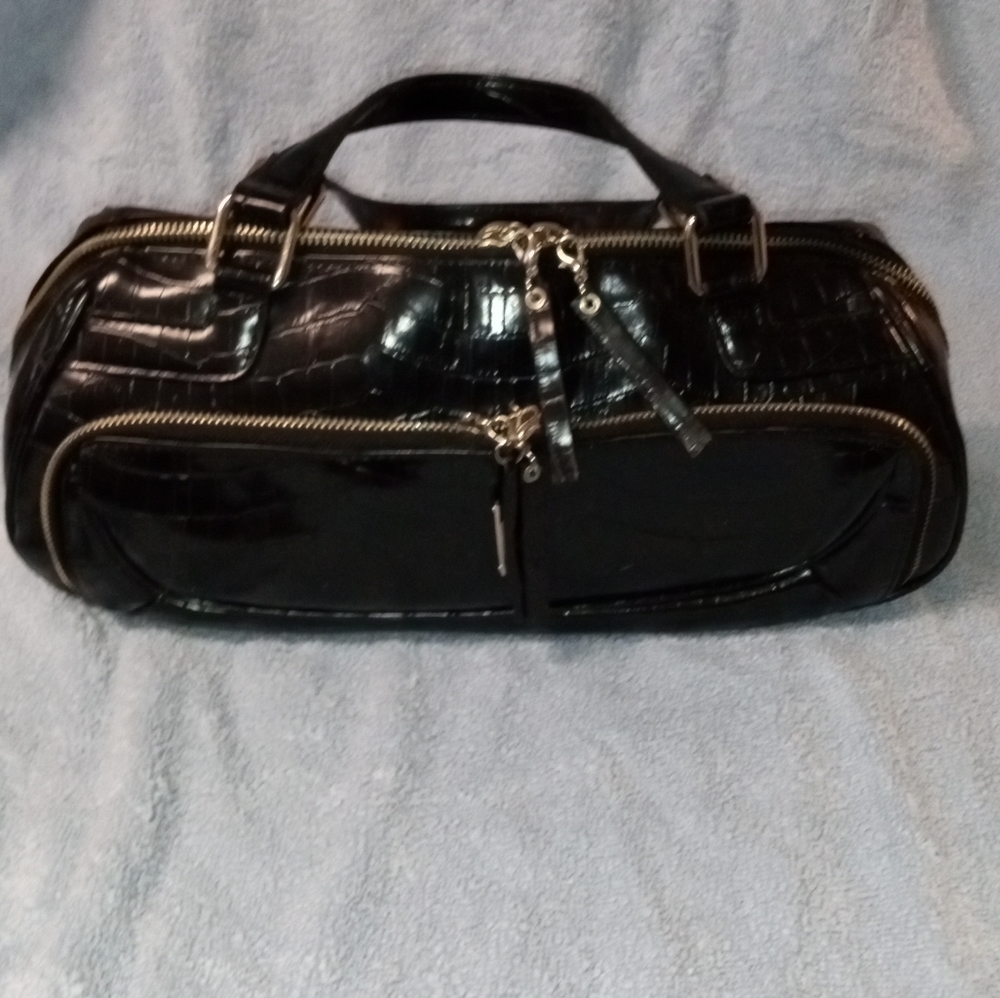 George black Crocodile embossed bag with houndstooth interior-Zippered p…